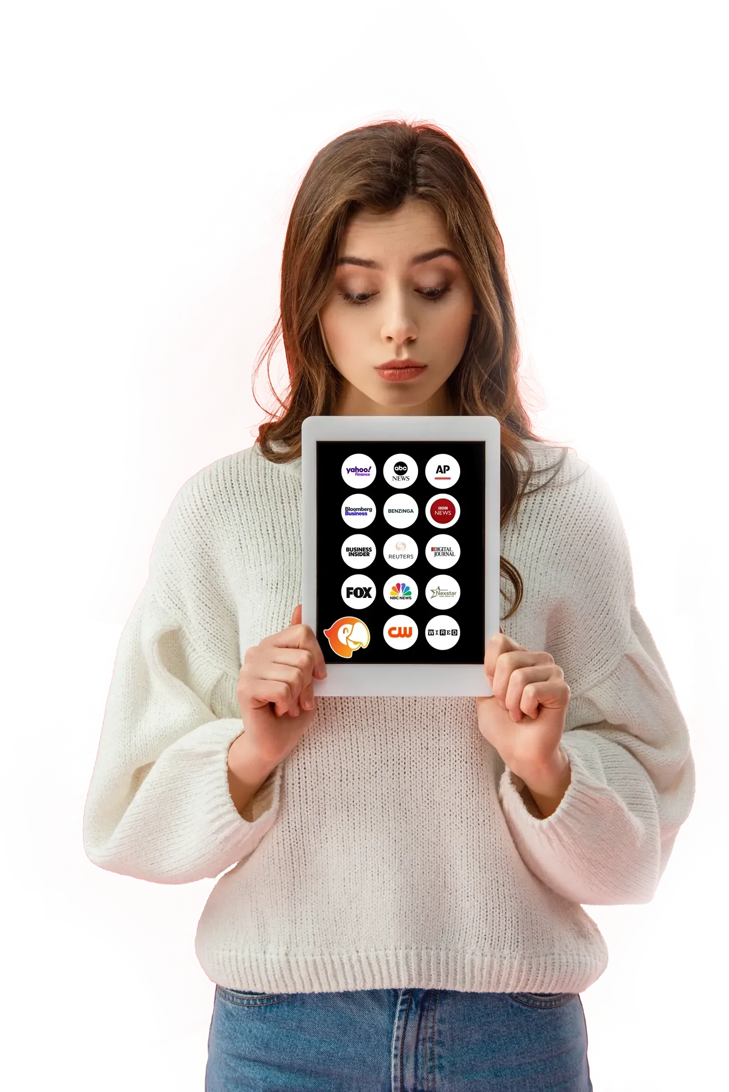 Woman holding tablet, looking at the screen with a surprised expression. White sweater, white background.