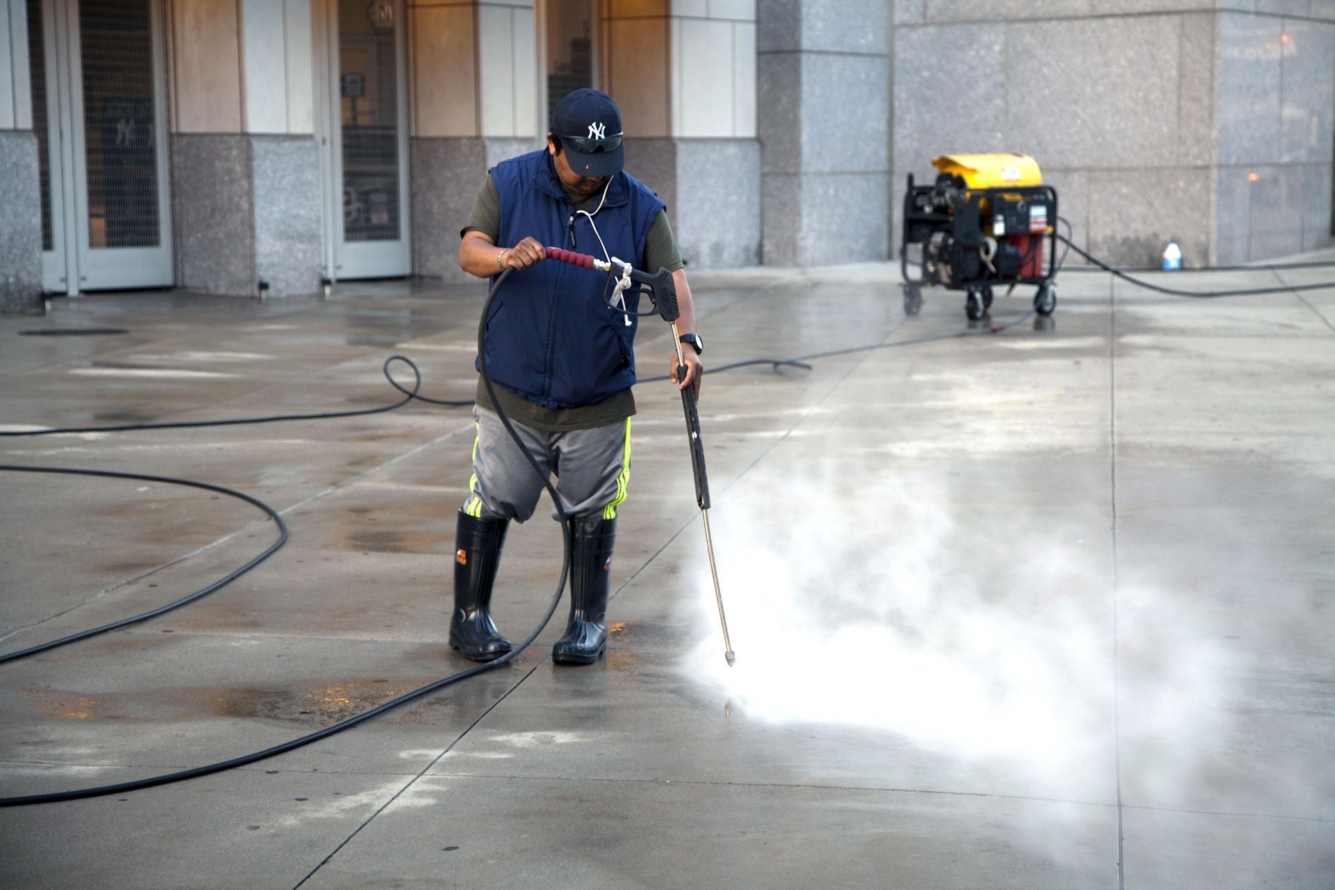 A man is using a high pressure washer to clean a concrete floor.