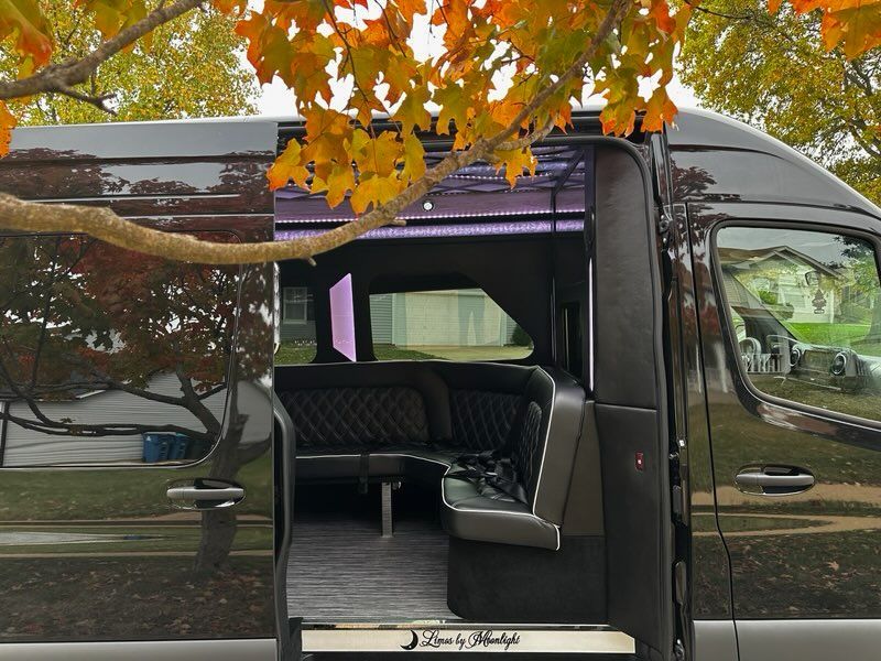 Black van with sliding door open, showing a purple-lit interior and black leather seats under autumn leaves.