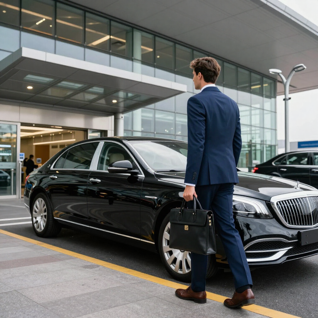 Man in a blue suit standing beside a black luxury sedan outside a modern building