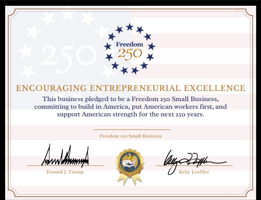 Freedom 250 certificate honoring entrepreneurial excellence, with signatures and patriotic stars and stripes styling