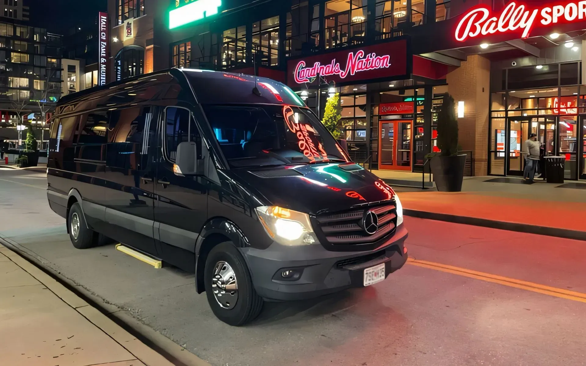 Black Mercedes-Benz passenger van parked on a city street at night in front of restaurants, lit signage in background.