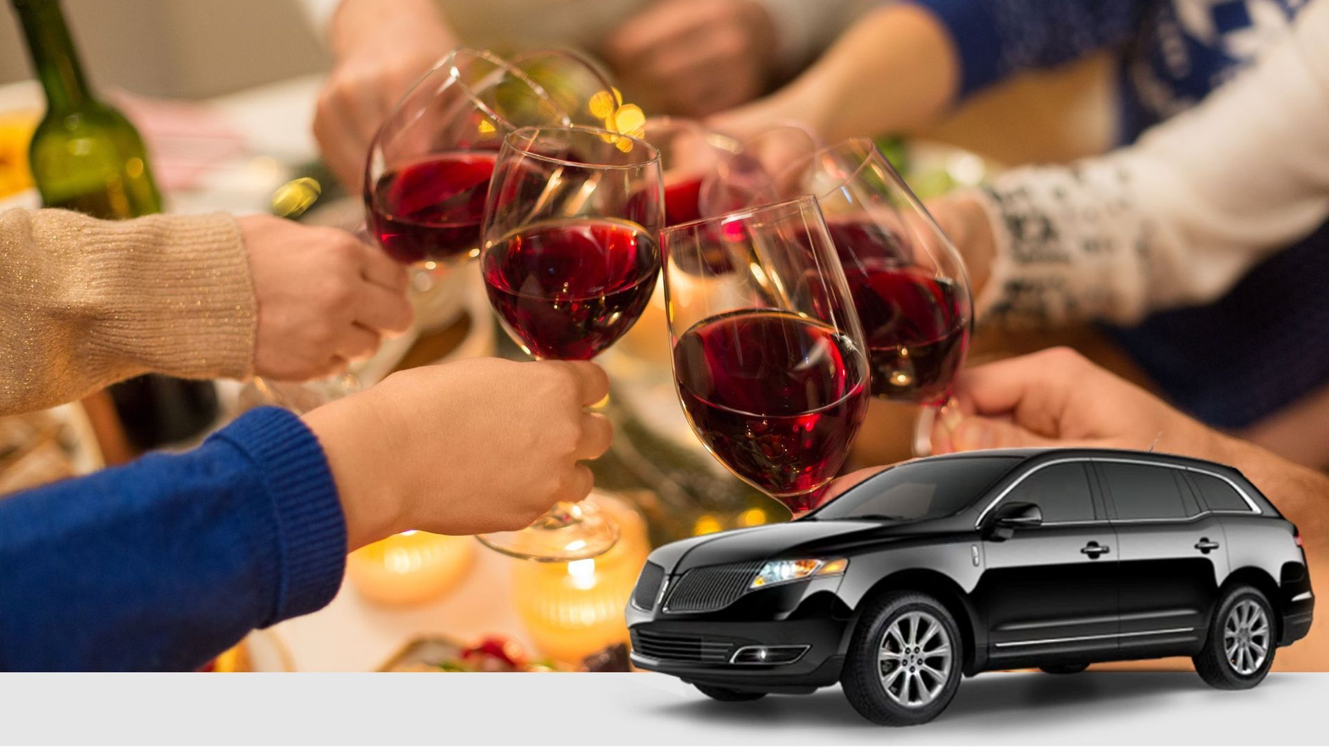 Group toasting with glasses of red wine, with a black Lincoln MKT crossover car parked in the foreground.
