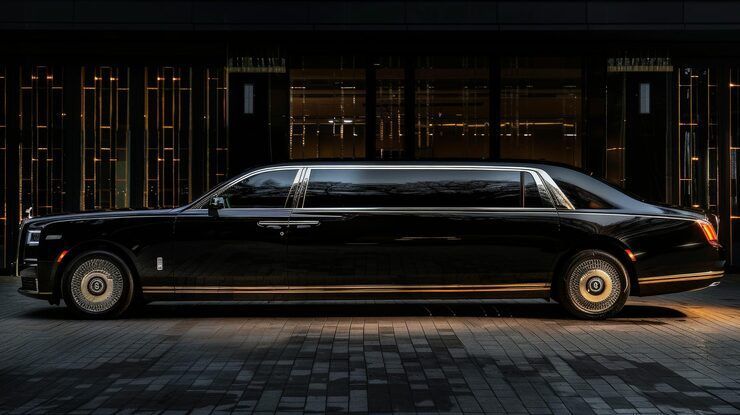 Black Rolls-Royce limousine parked in front of a modern building with gold accents.