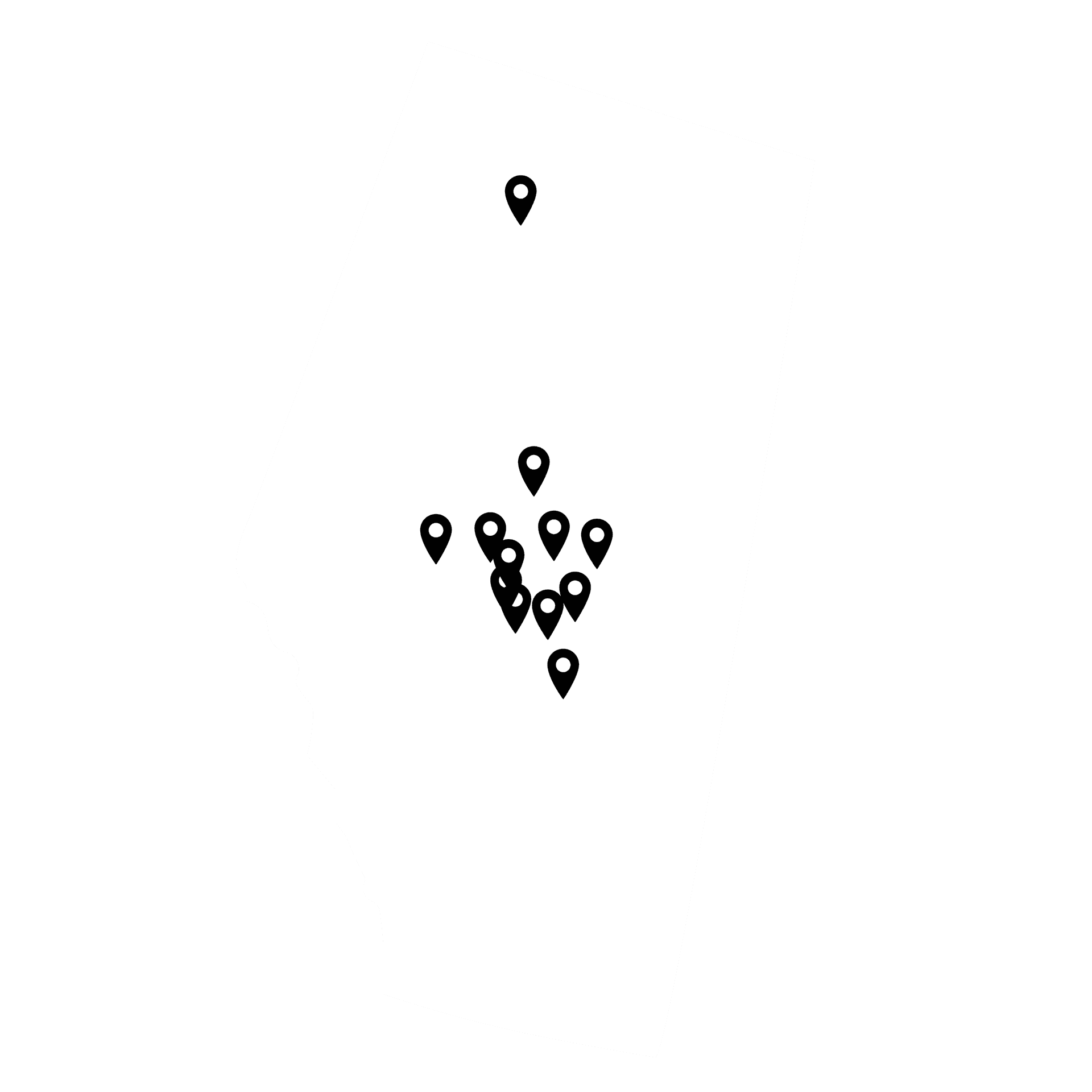 A collection of small map pin icons clustered together on a white background.