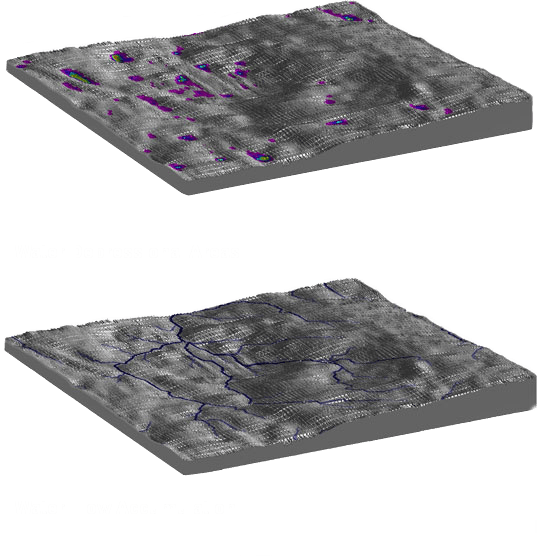 Two 3D maps show the same terrain, with the top map highlighting purple areas and the bottom map showing network lines.