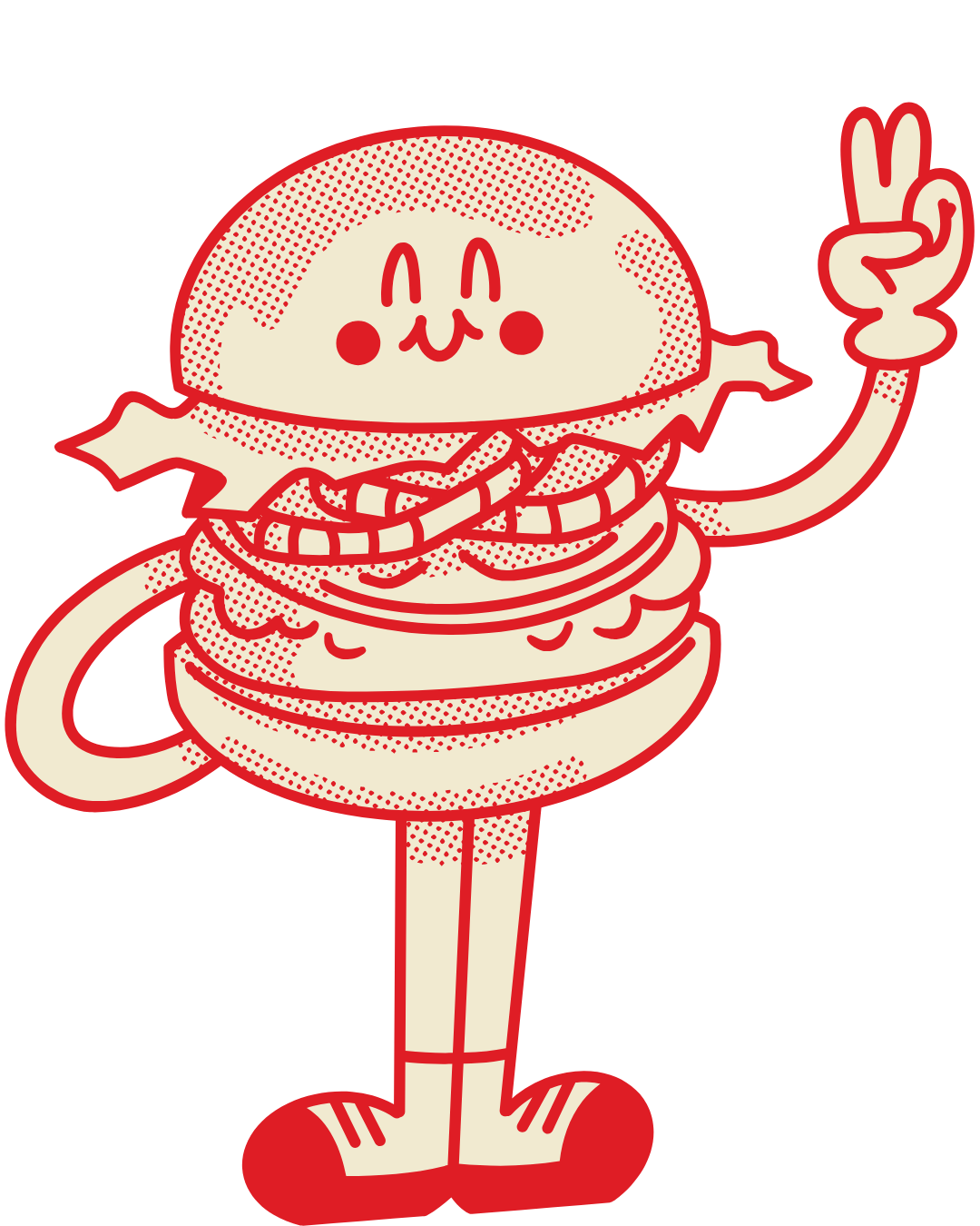 A cartoon illustration of a hamburger giving a peace sign
