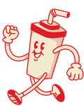 A cartoon drawing of a cup with arms and legs and a straw.