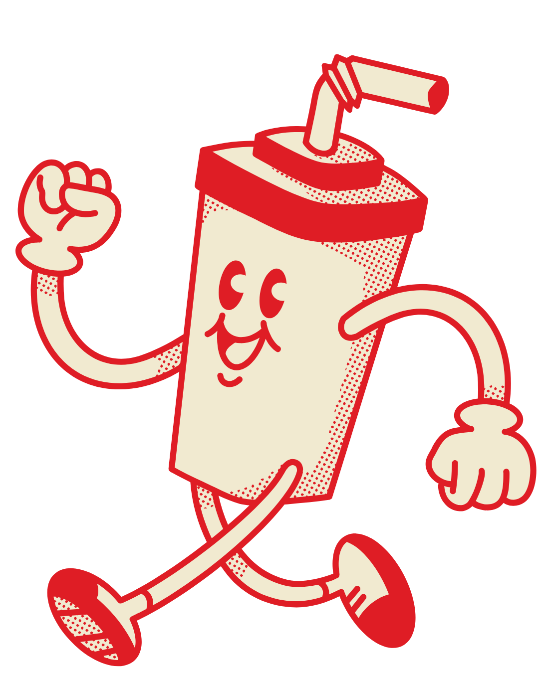A cartoon drawing of a cup with arms and legs and a straw.