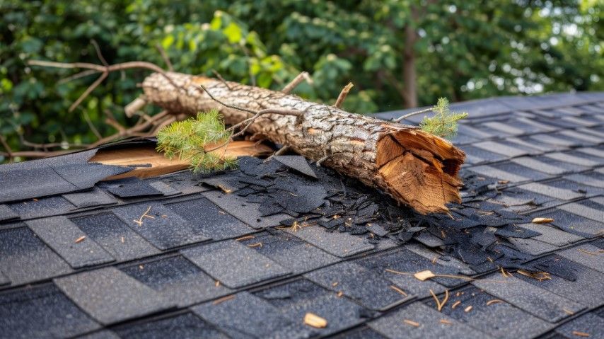Fallen tree trunk lying across a shingled roof with scattered debris and visible damage