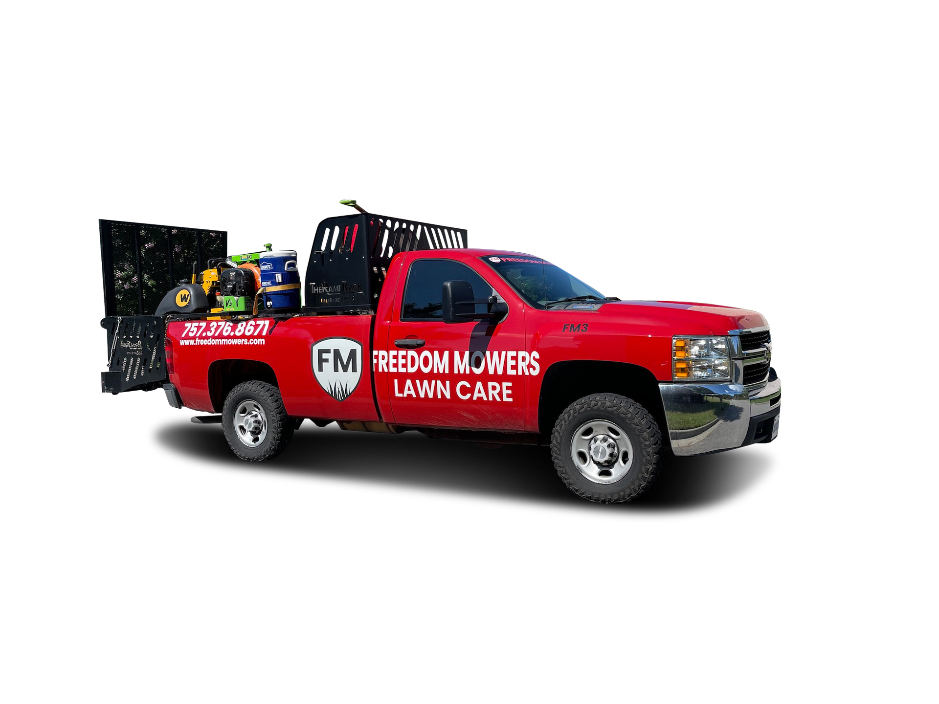A red truck with a ladder in the back is sitting on a white background.