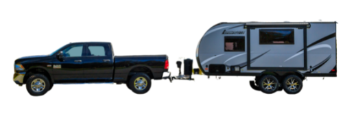 Black pickup truck towing a gray and black camper trailer on a white background.