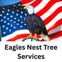 Bald eagle perched on a branch against a waving American flag. "Eagles Nest Tree Services" below.