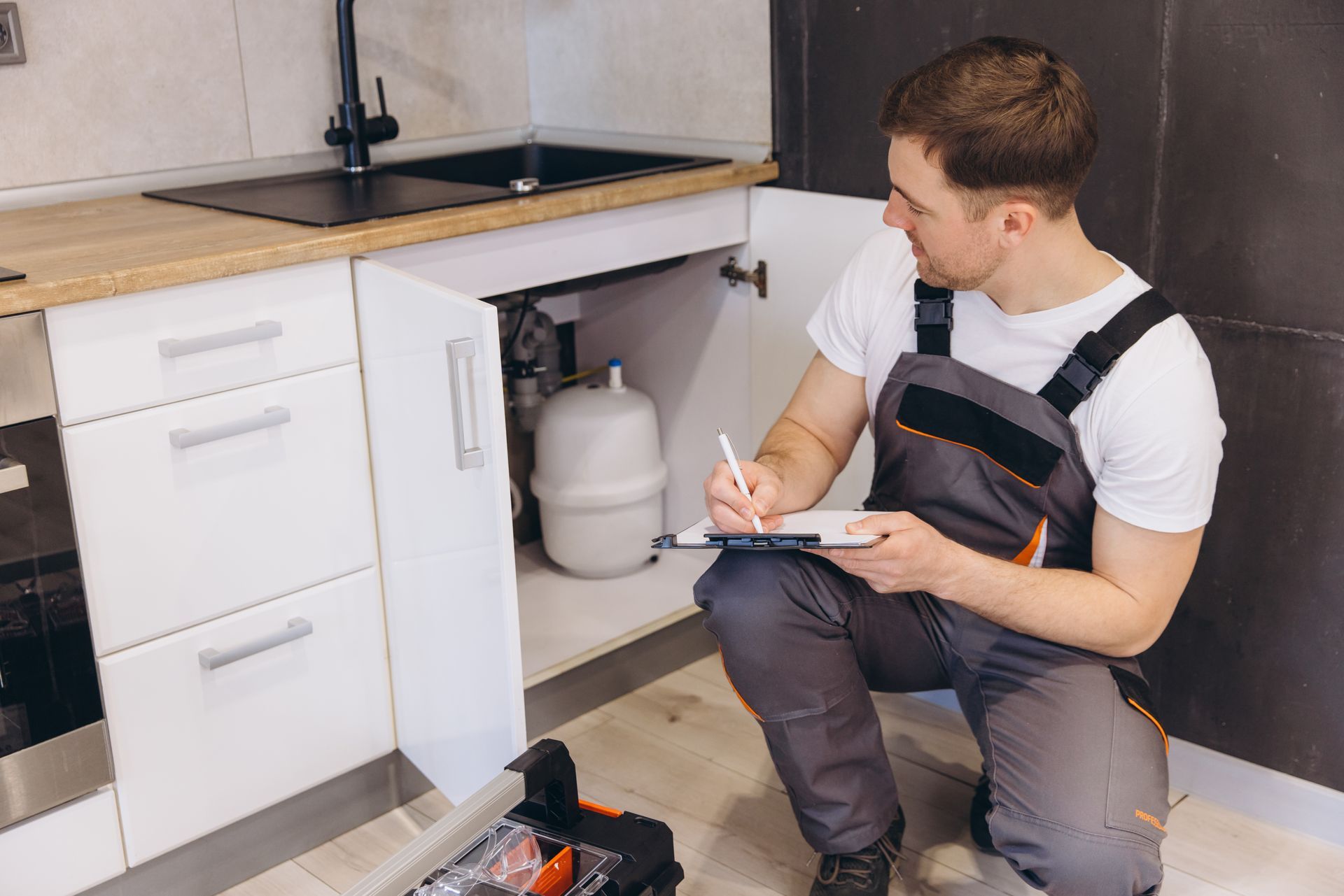 A plumber is kneeling down in a kitchen and writing on a clipboard.