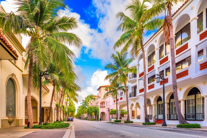 A street lined with palm trees and white buildings on a sunny day.