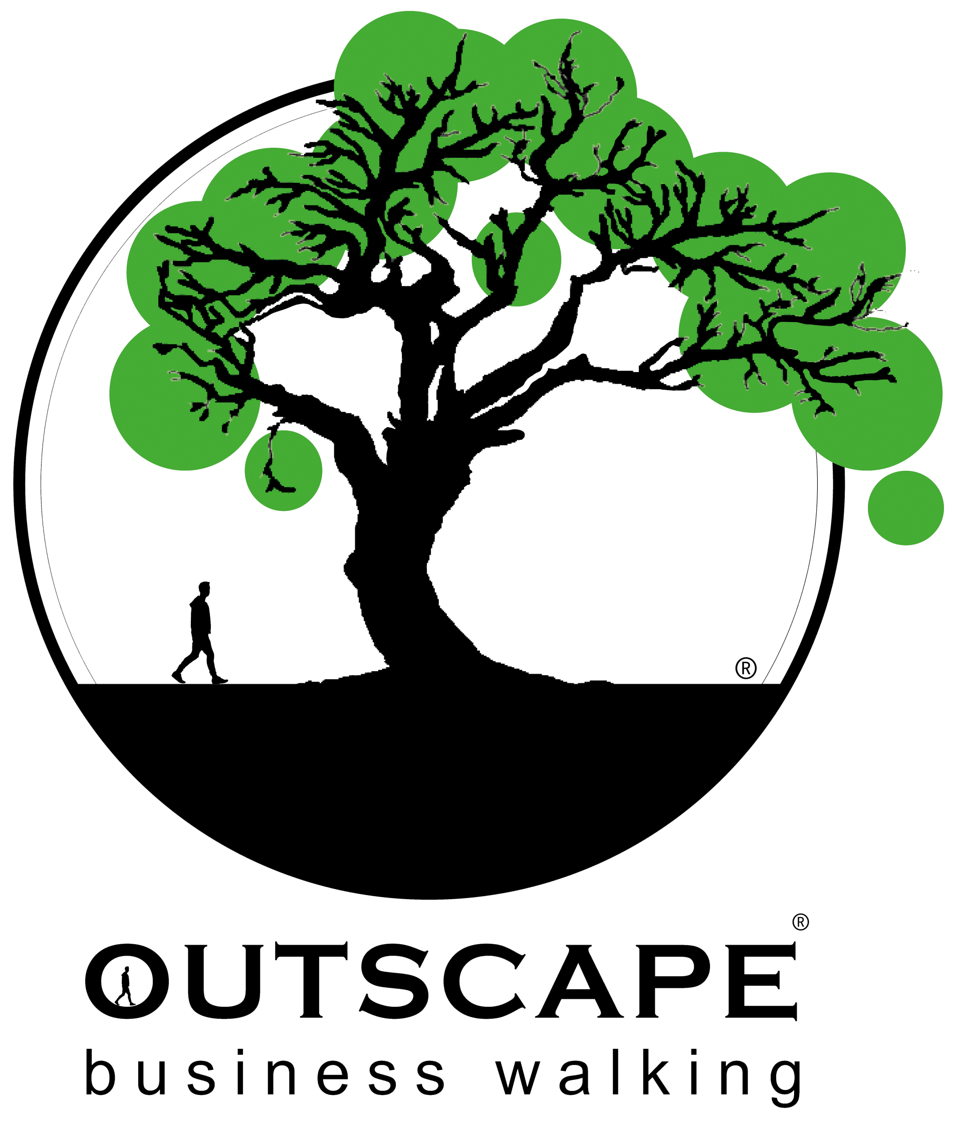 Logo van Outscape met een gestileerde zwarte boom en groene bladerkroon, symbool voor groei en duurzaamheid.