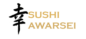 Sushi Awarsei logo with black Japanese calligraphy and gold text.