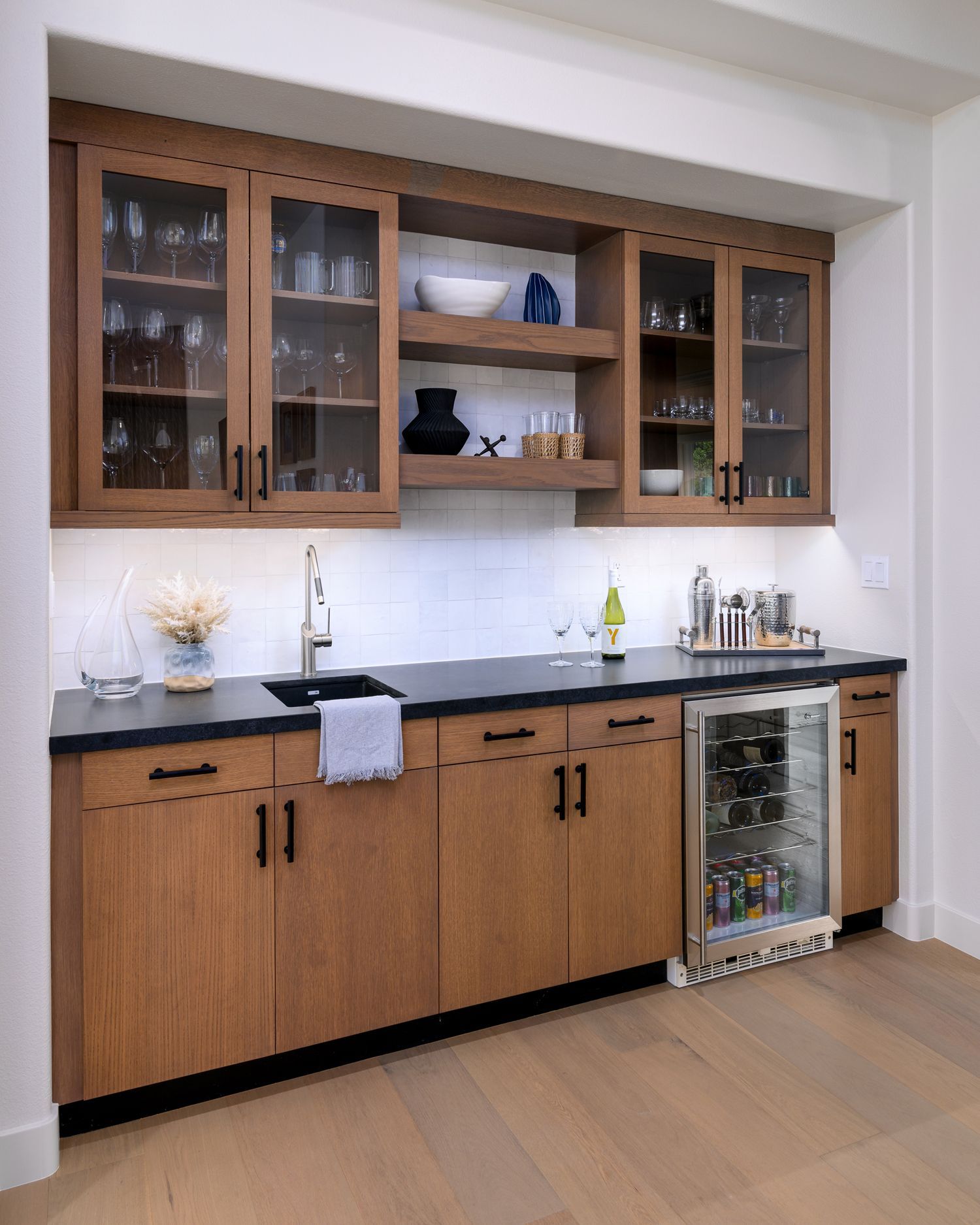 Wet Bar Reface and Remodel in Walnut Wood and Black Quartz Countertops, Thousand Oaks, CA 