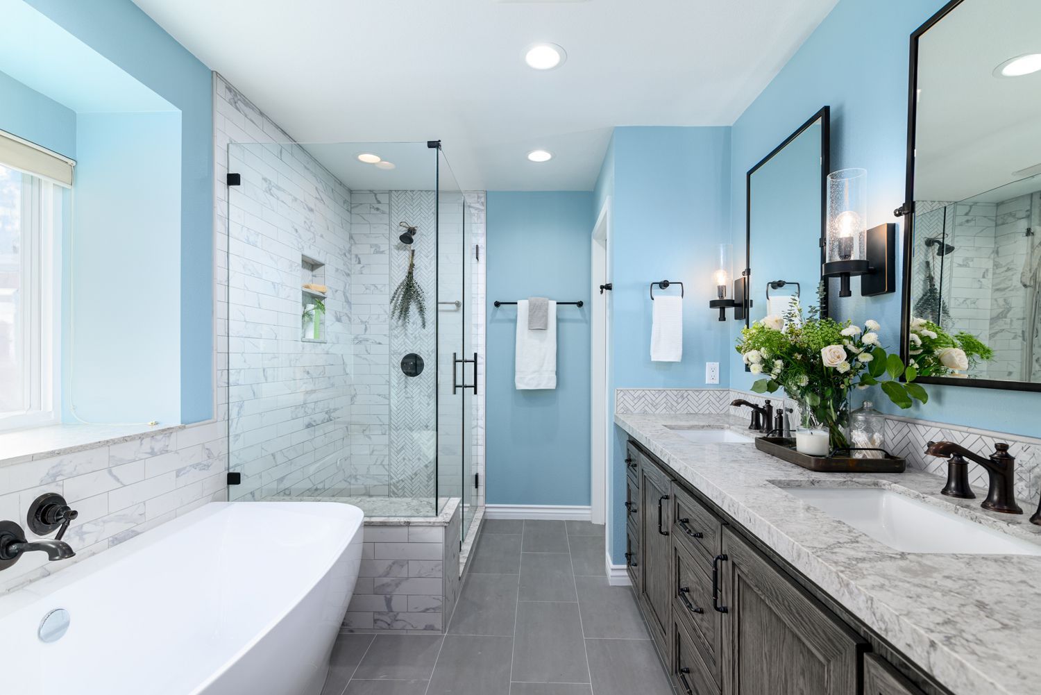 Image of a beautiful bathroom with light blue paint, sky blue wall color, Primary Master Bathroom Addition and Remodel, Oak Park 