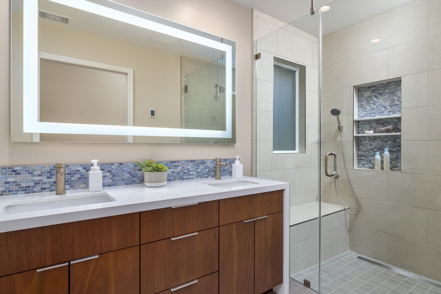 Image of a bathroom with a dark wood vanity, lighted mirror, handsome shower, Home Addition Project, 2 bedrooms, 1 bathroom  , Thousand Oaks, CA 