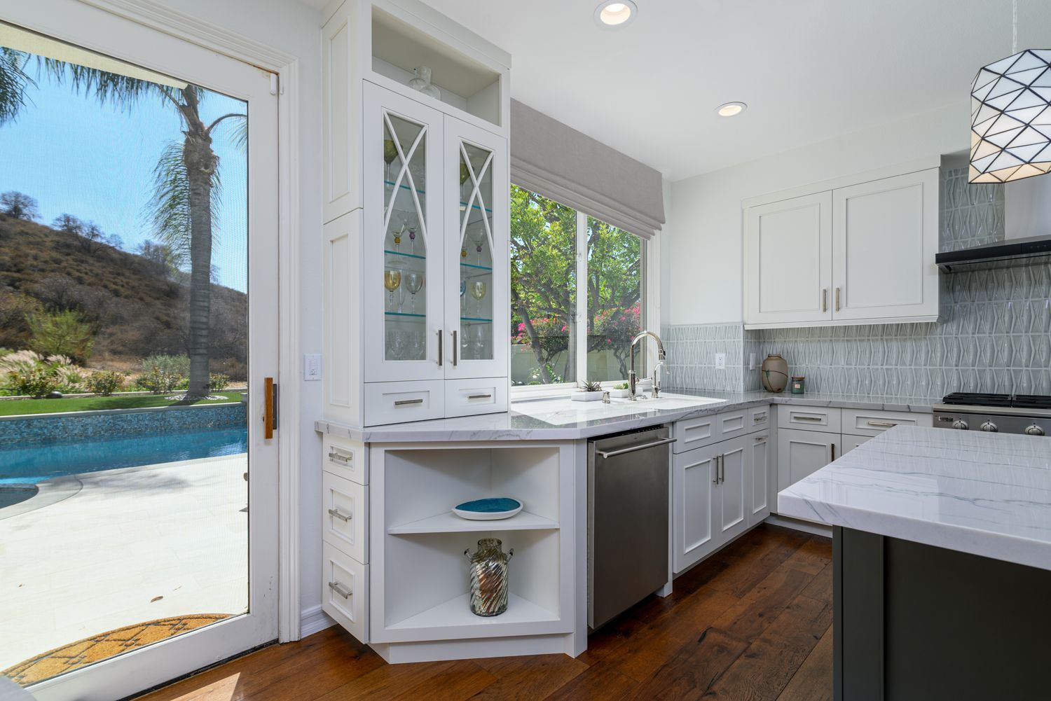 End Cap Cabinet Shelves , Glass Cabinet Doors in Kitchen Remodel, Simi Valley