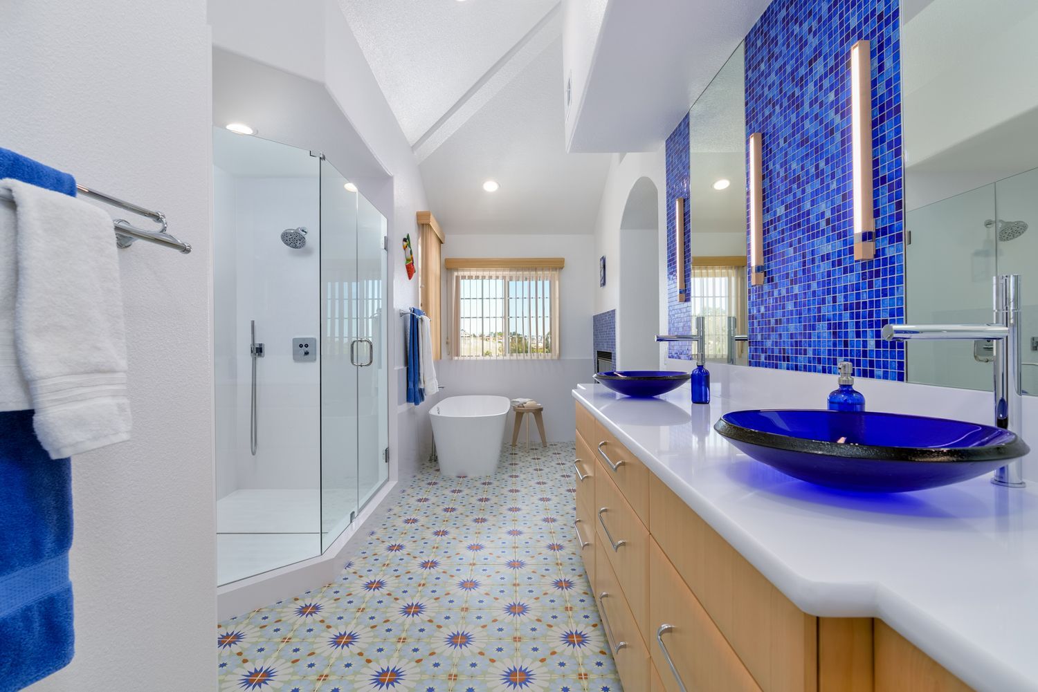 Vibrant Cobalt Blue Mosaic Tiled Fireplace in Primary Bathroom Remodel, Thousand Oaks, CA 