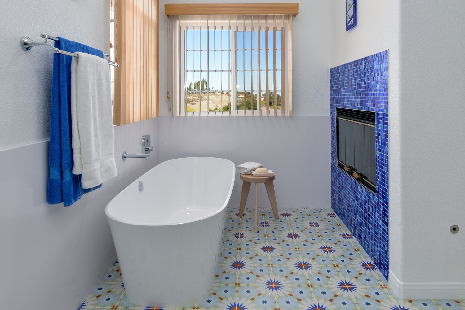 Vibrant Cobalt Blue Mosaic Tiled Fireplace in Primary Bathroom Remodel, Thousand Oaks, CA 