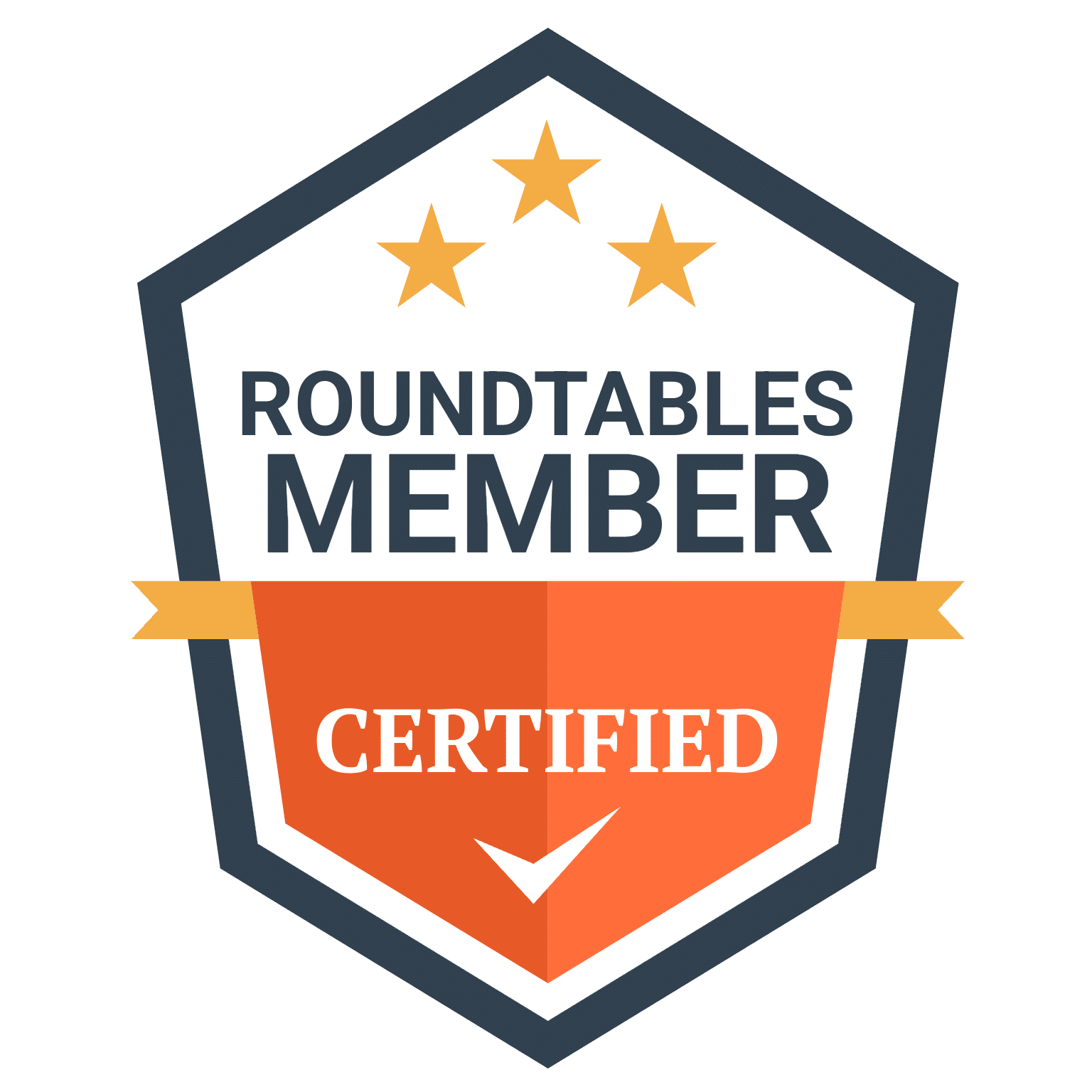 Roundtables Member Certified badge with stars, orange banner, and checkmark.