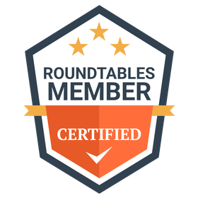 Roundtables Member Certified badge with stars, orange banner, and checkmark.