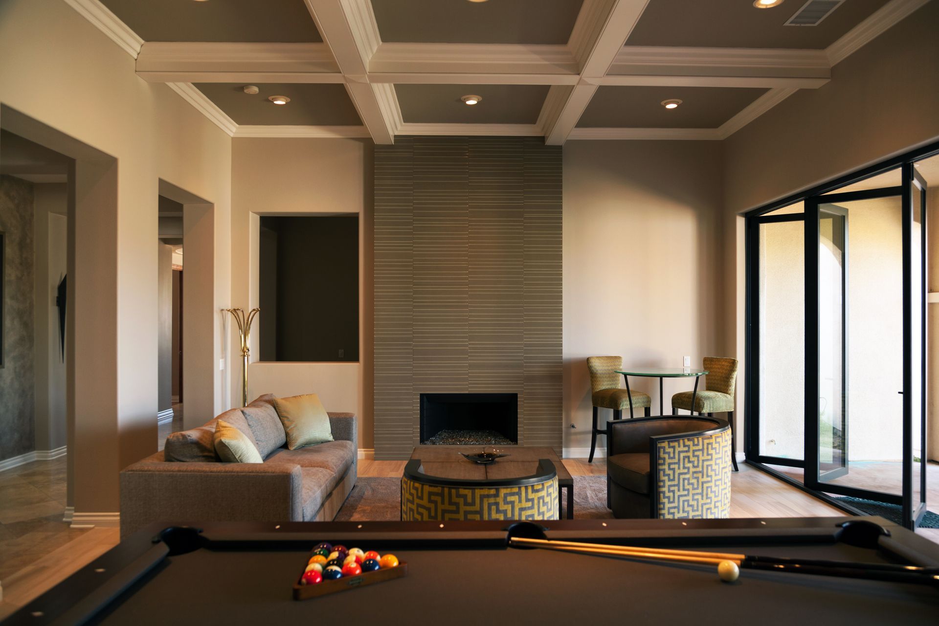 Luminous Porcelain Tile Fireplace, Westlake Village, CA Game Room Remodel 