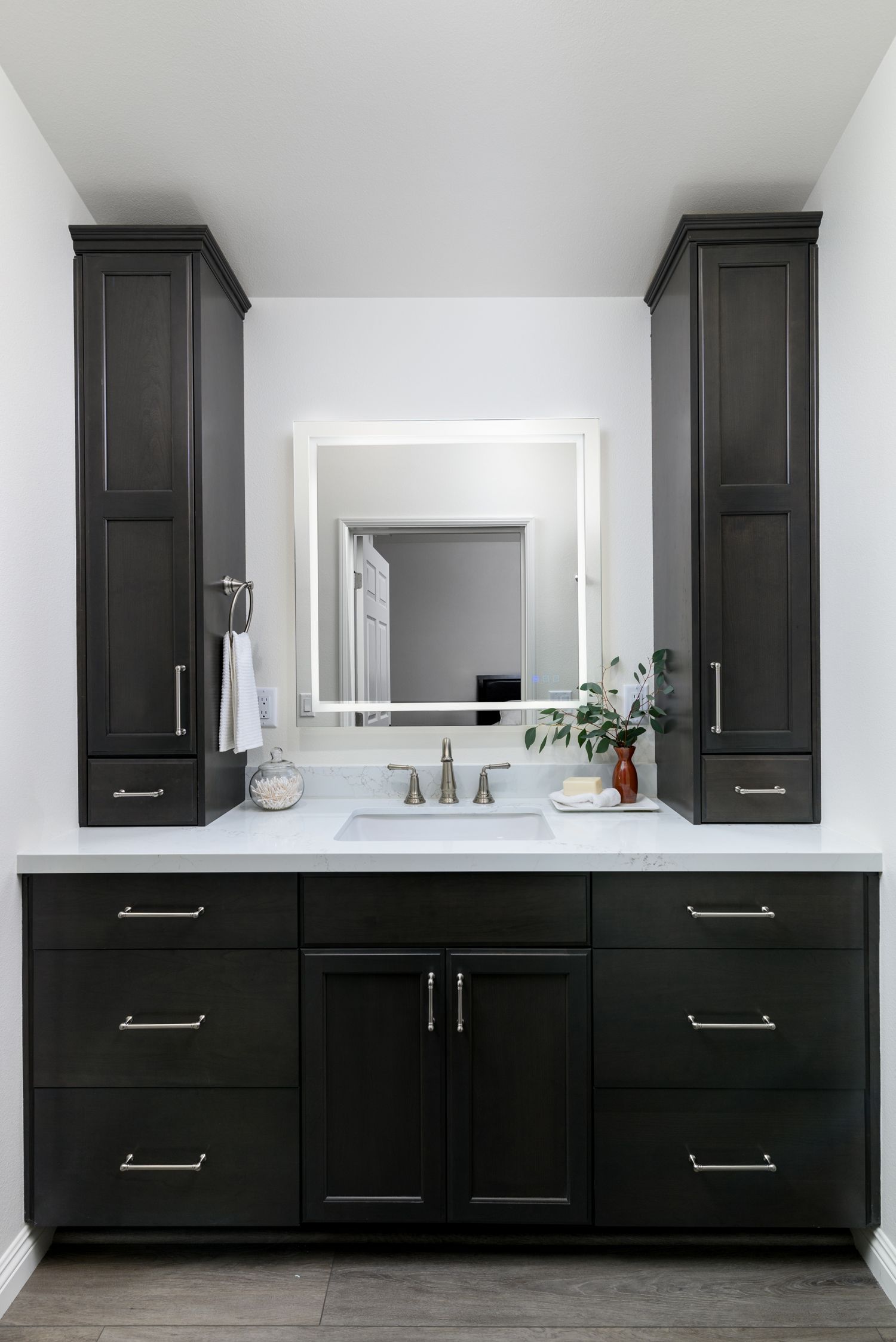 dark stained vanity, Omega Full Access  Cabinetry, white quartz countertops, master bathroom remodel, primary bathroom remodel,  thousand oaks 