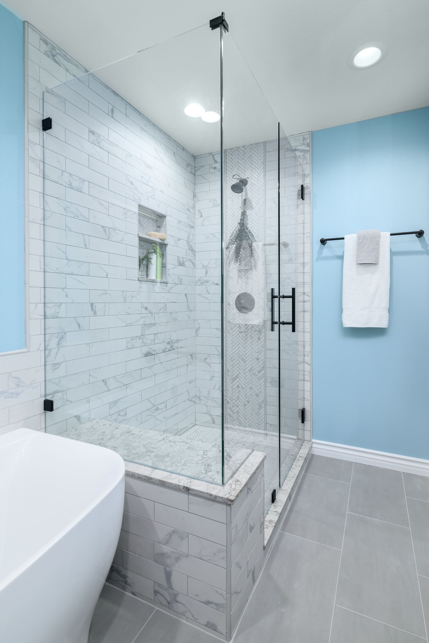 Primary master bathroom shower remodel, Subway tile and  herringbone porcelain, Oak Park, CA 