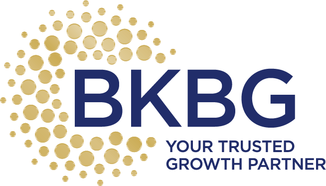 BKBG logo: Navy letters with gold dot graphic, and tagline 