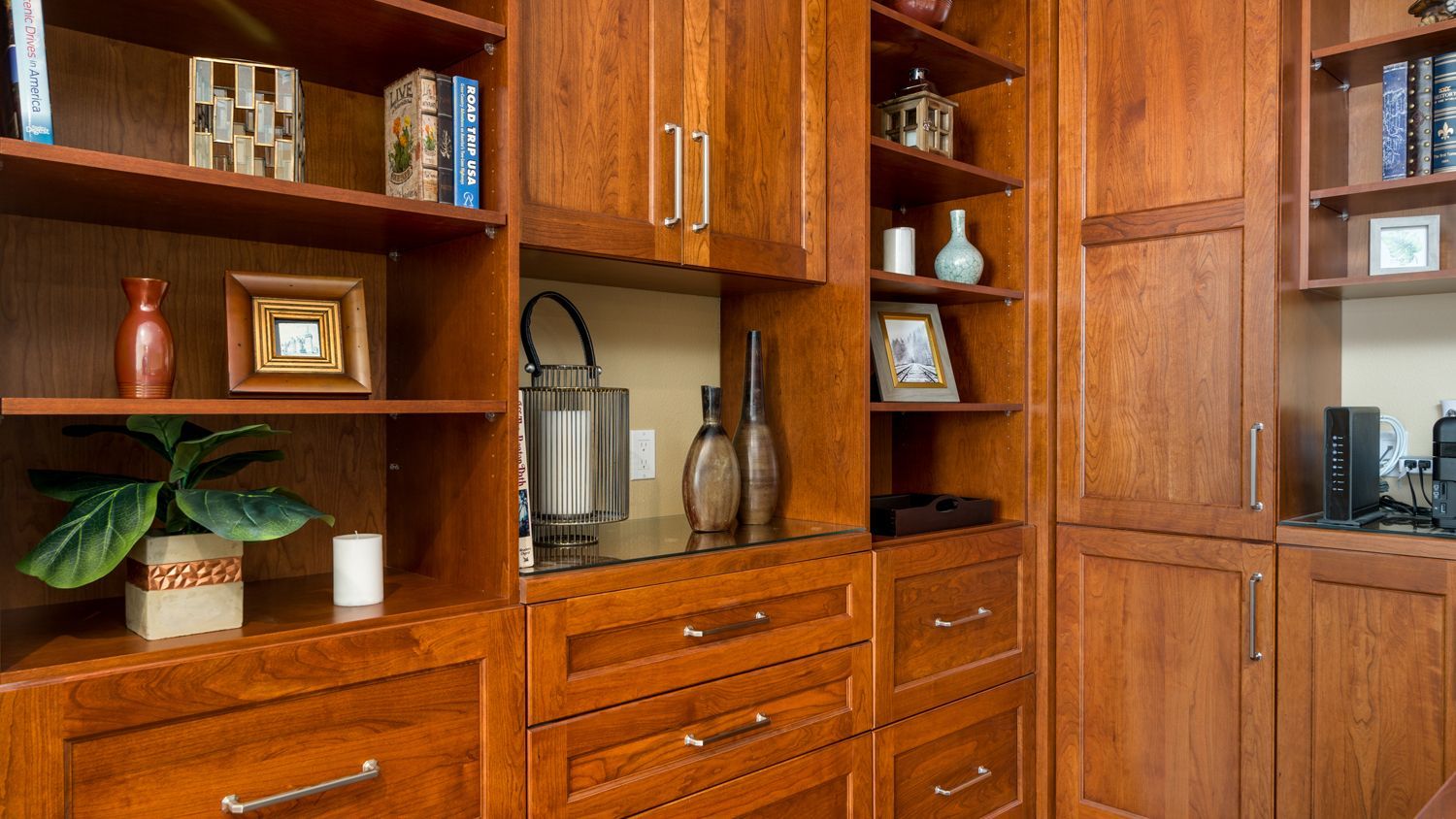 cherry wood cabinets, dark stain cabinets, rich stain cabinets, Home Office Cabinetry in Upstairs Loft, Dura Supreme Cabinetry, Home Office Remodel, Newbury Park, CA 