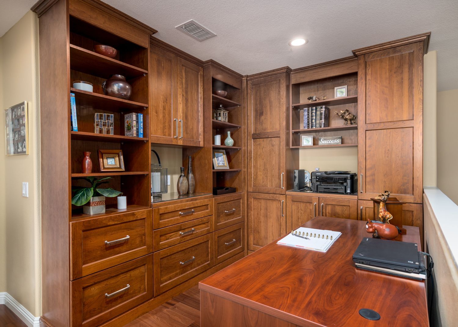cherry wood cabinets, dark stain cabinets, rich stain cabinets, Home Office Cabinetry in Upstairs Loft, Dura Supreme Cabinetry, Home Office Remodel, Newbury Park, CA 