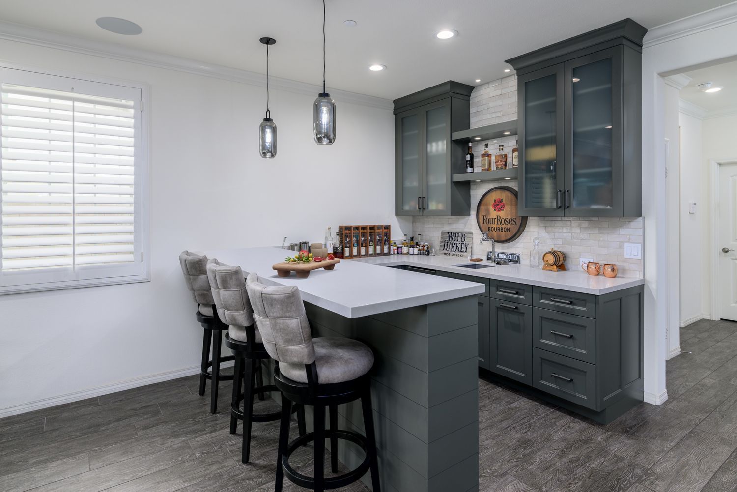 Wet Bar Addition, Flint Gray Cabinets, White Quartz Countertops, Subway Backsplash Tile, Simi Valley, CA 
