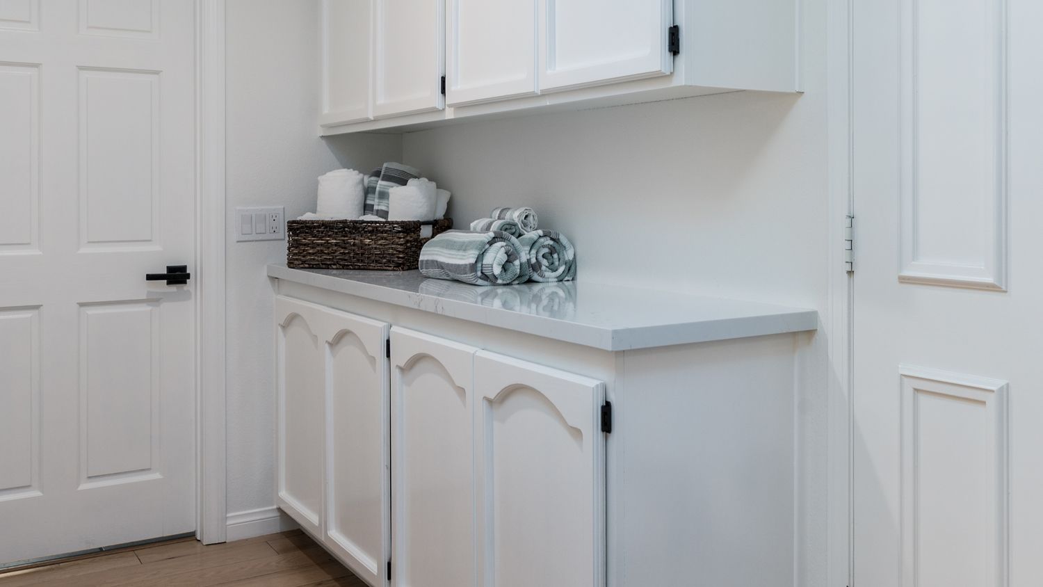 image shows white Hall Linen Cabinetry by Omega, Oak Park, CA  Whole House Remodel  