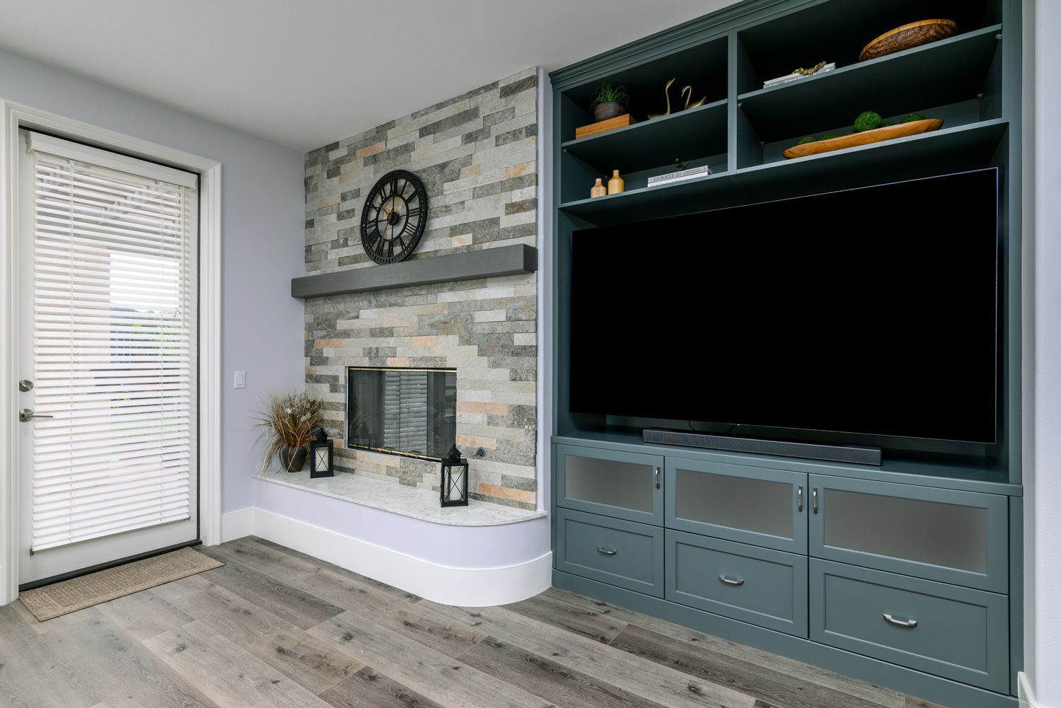 Dry-Stacked Stone Veener accents Fireplace & Medium Gray Entertainment Center in Downstairs Remodel, Thousand Oaks, CA 