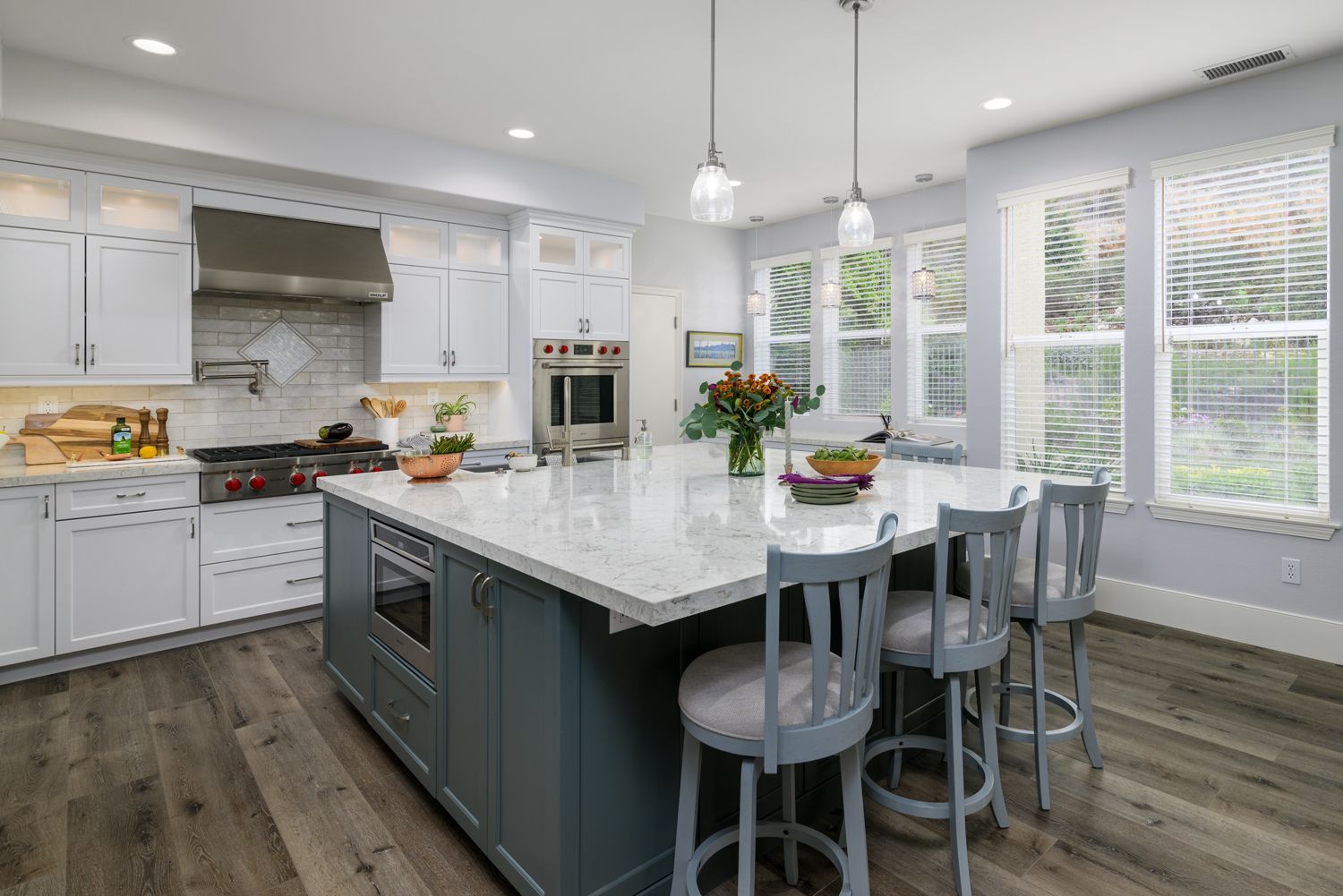Gray & white kitchen island w bar stools, sink & microwave drawer, Thousand Oaks Transitional Kitchen Remodel 
