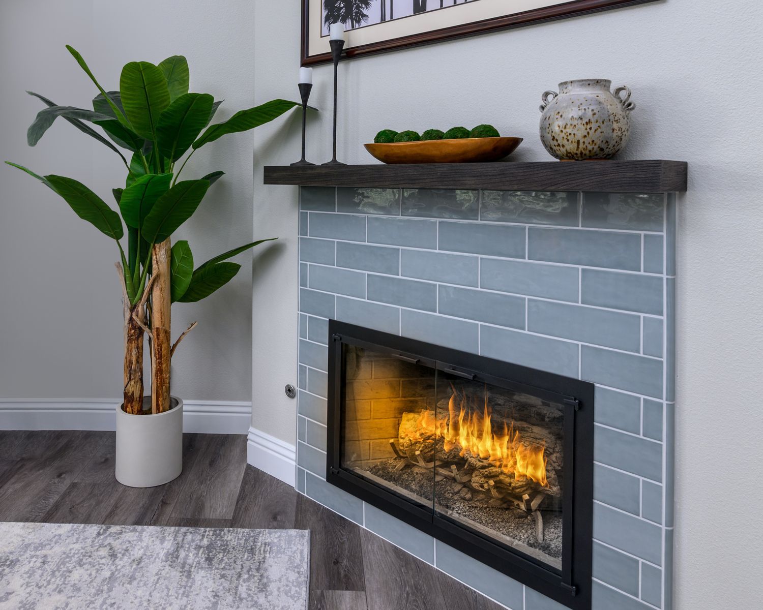 Soft Shades of Blue -Porcelain Subway Tiled Fireplace-Living Room Remodel, Whole House Remodel, Newbury Park, CA 