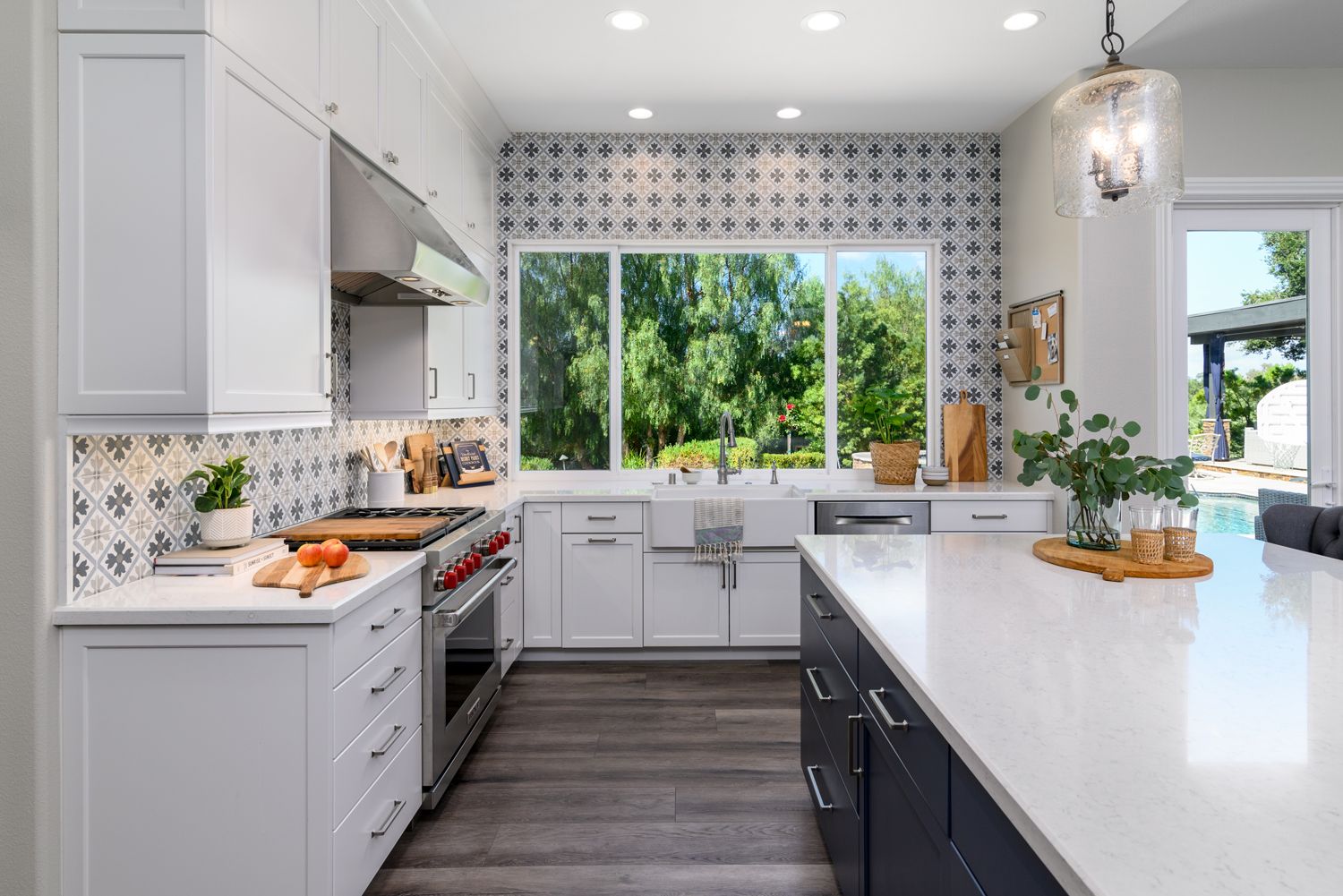 image shows a kitchen with Fiore Martia 6” X 6” Porcelain Tile from Spain accenting the walls, Newbury Park, CA Kitchen Remodel 