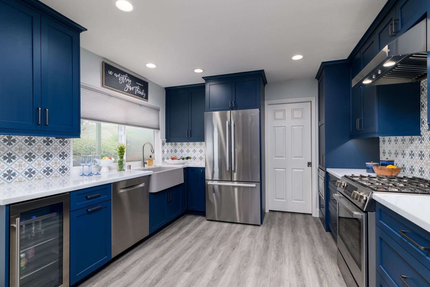 Blue cabinetry, full view of kitchen remodel, Newbury Park, CA