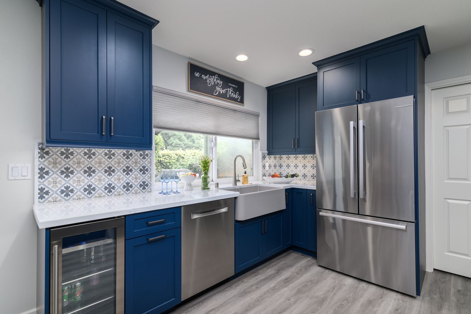 Left side of blue and white kitchen remodel, beverage cooler, farm house sink, Newbury Park, CA