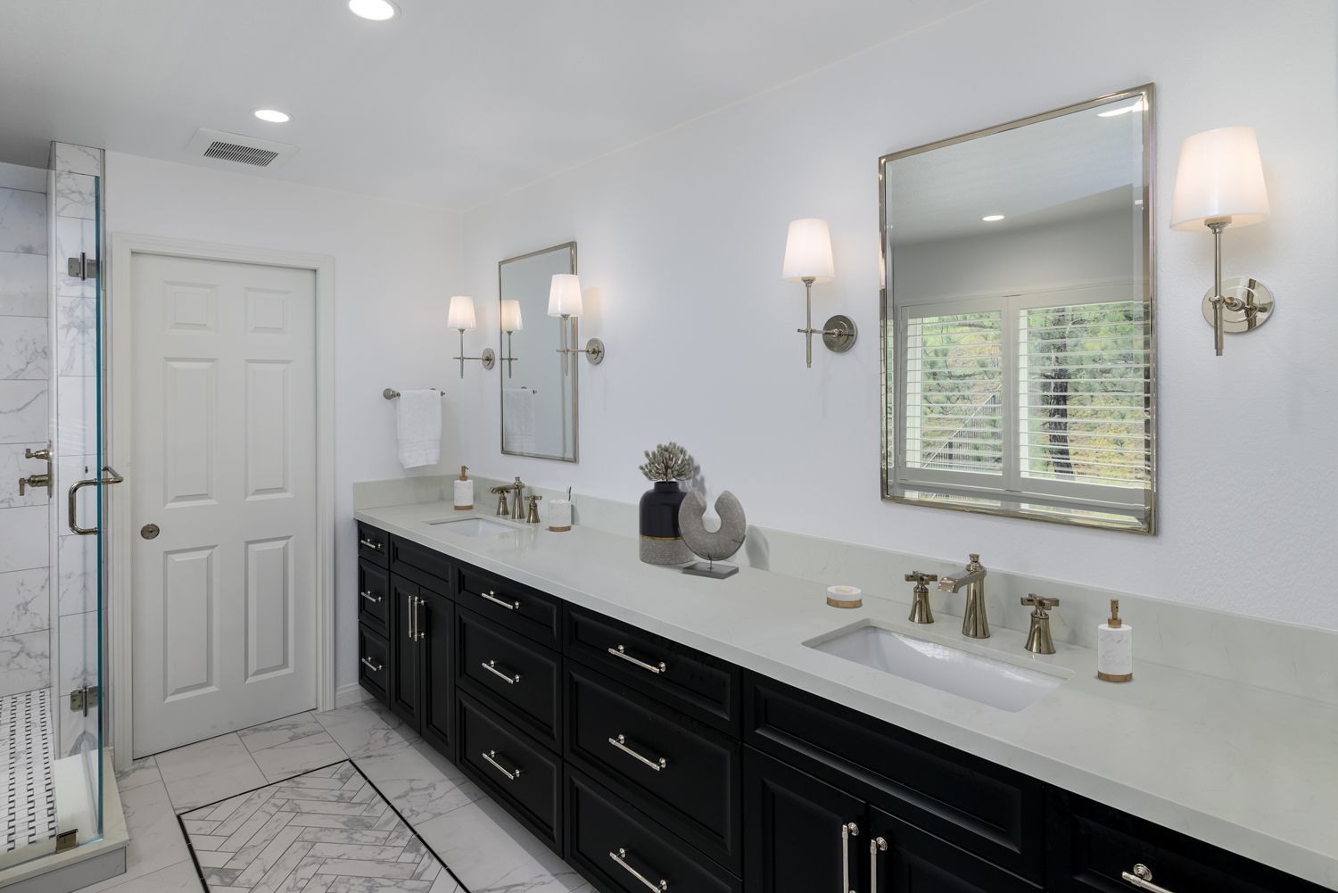 Pental Quartz Countertop and  Top Knob Pulls w Polished Nickel Finish, Bathroom Remodel, Simi Valley