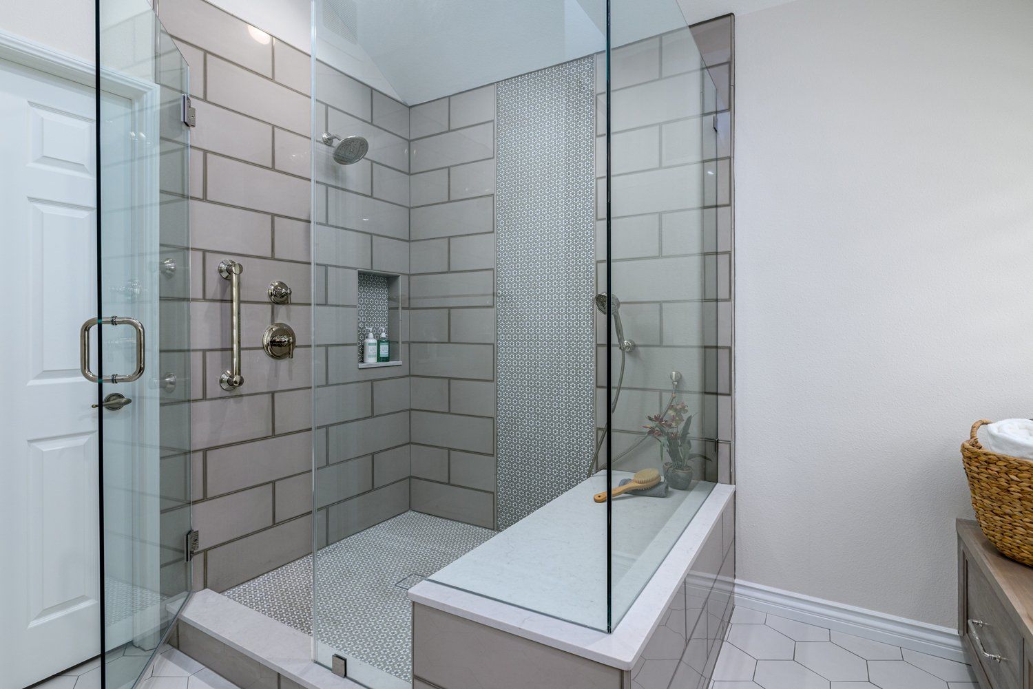 SHOWER WITH TAUPE TILE IN MASTER BATHROOM REMODEL, NEWBURY PARK