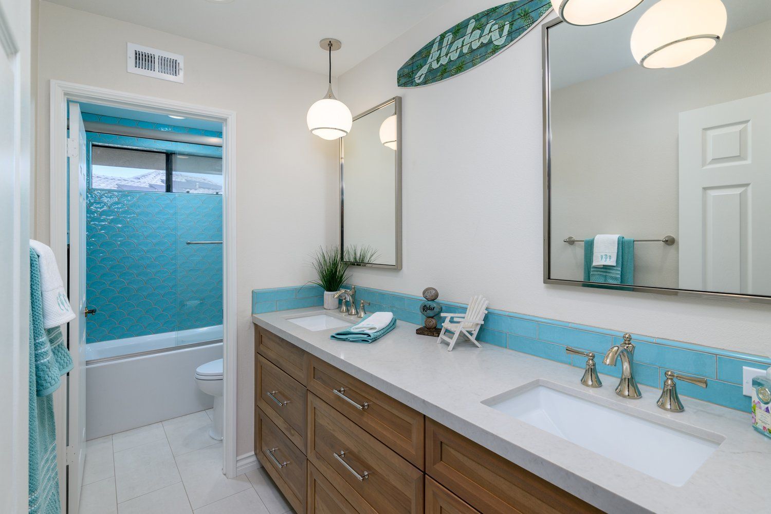 VANITY & SHOWER/TUB ENCLOSURE WITH TURQUOISE BLUE TILE, GUEST BATHROOM REMODEL, NEWBURY PARK