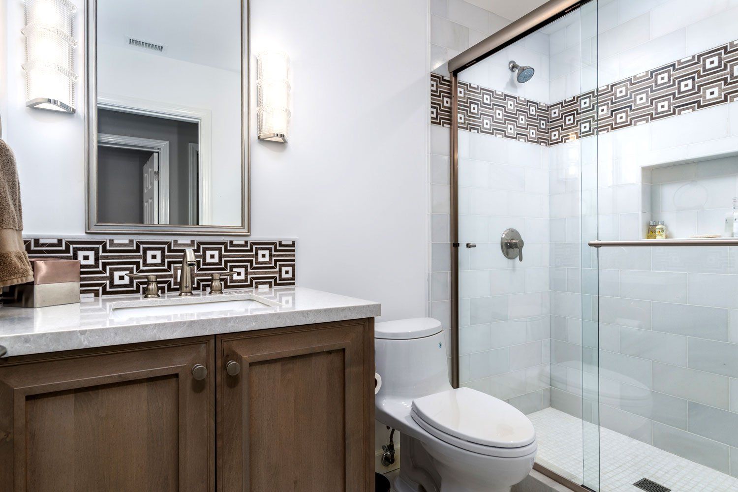 Eye Catching Geometric Accent Tile in Guest Bathroom, Westlake Village
