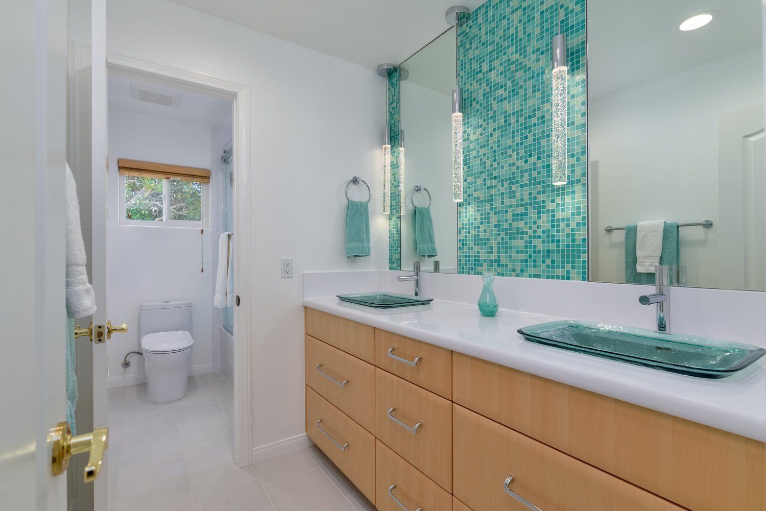 Natural Wood Cabinets & Mosaic Tile in Jack & Jill Bathroom Remodel, Thousand Oaks