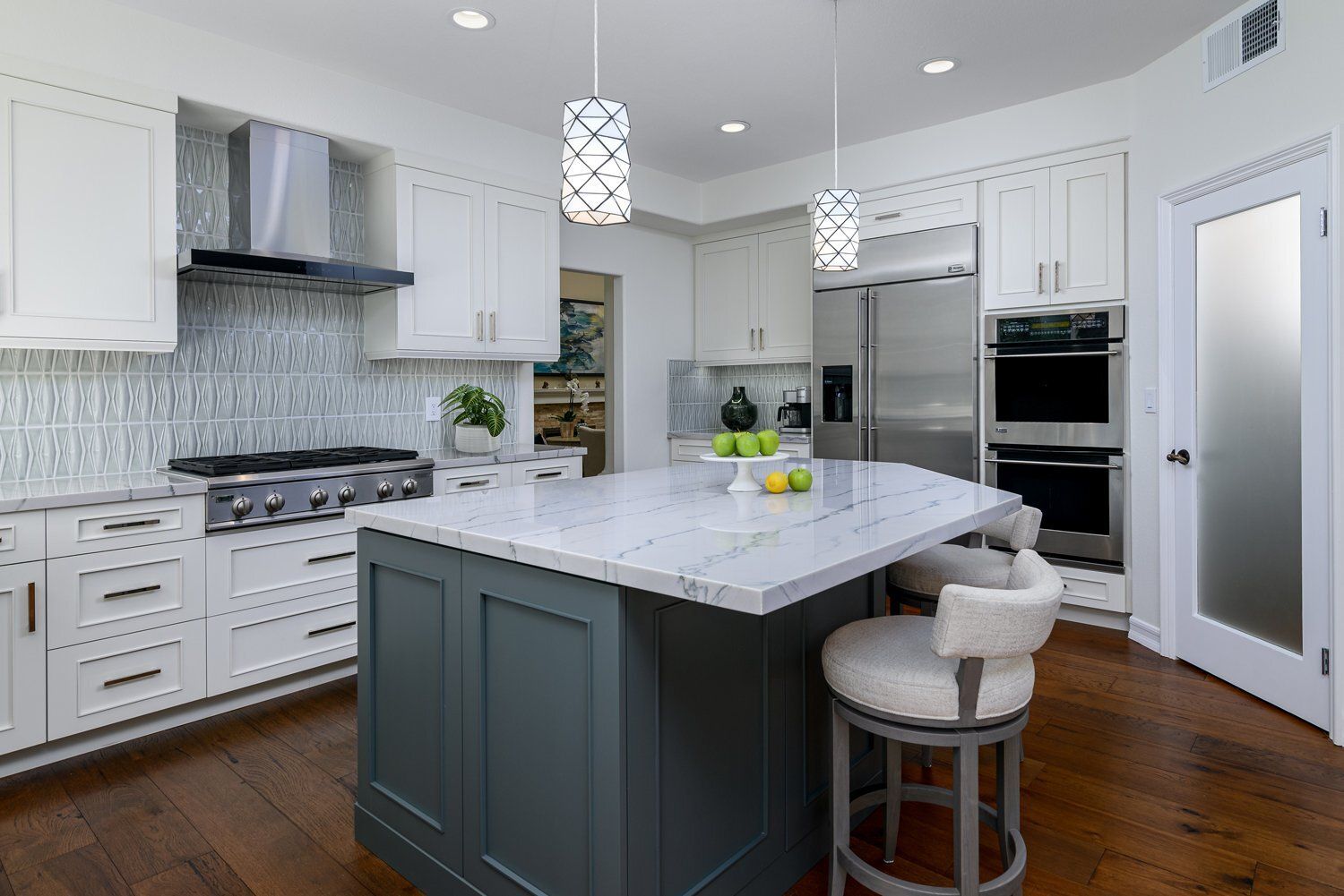 Beautiful Quartzite Countertops with Geometric Accent Backsplash Tile, Simi Valley