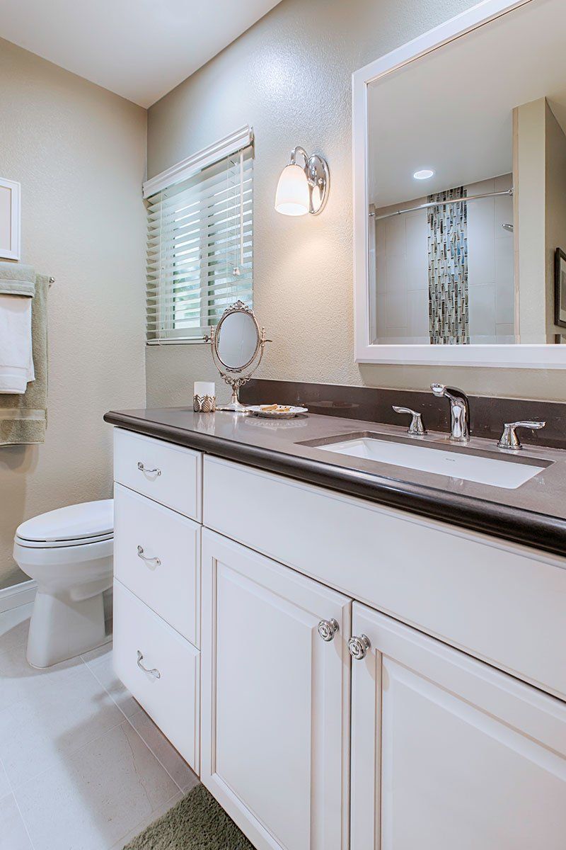 White Vanity & Steel Gray Countertops, Hall Bathroom  Remodel, Thousand Oaks